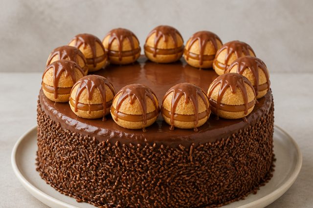 Bolo de doce de leite e chocolate decorado com carolinas