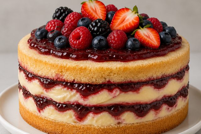 Bolo de frutas vermelhas com brigadeiro de cream cheese