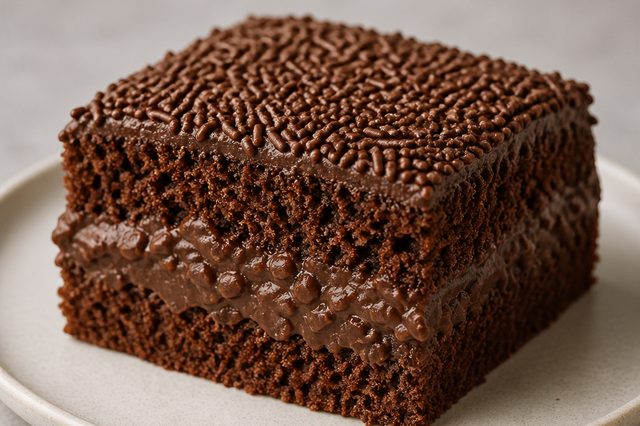 Bolo de liquidificador recheado com brigadeiro de chocolate picado