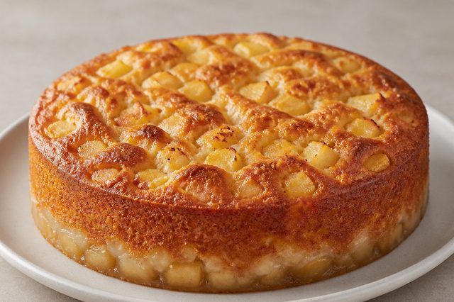 Bolo de maçã com cobertura cremosa de leite condensado