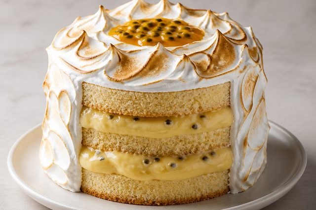Bolo de maracujá com brigadeiro branco e merengue