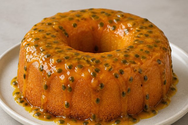 Bolo de maracujá de liquidificador com calda da fruta