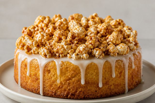 Bolo de milho com pipoca caramelizada
