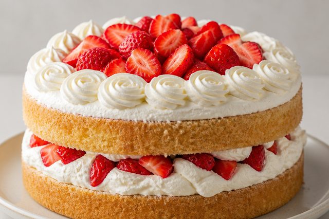 Bolo de morango com chantilly e calda de guaraná