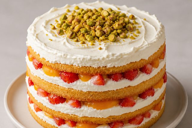 Bolo de morango com chantilly e redução de manga