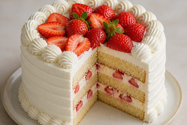 Bolo de morango com creme amanteigado de leite em pó