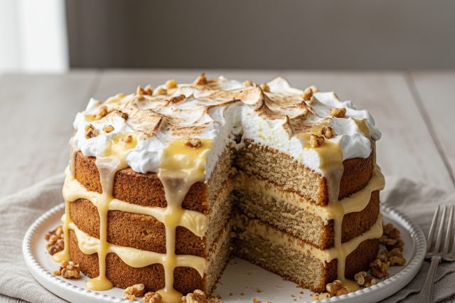 Bolo de nozes com baba de moça e merengue
