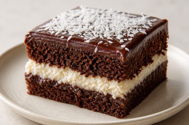 Bolo gelado de chocolate com beijinho e calda de leite