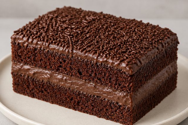 Bolo gelado de chocolate recheado e coberto com brigadeiro