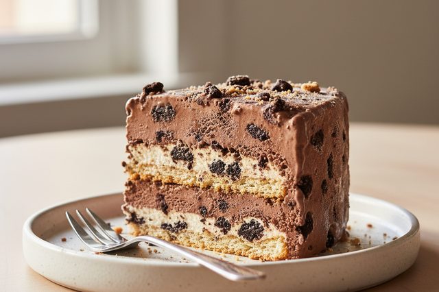Bolo gelado de sorvete com camadas de biscoito