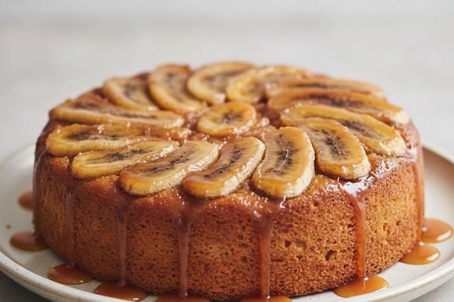 Bolo invertido de banana com caramelo