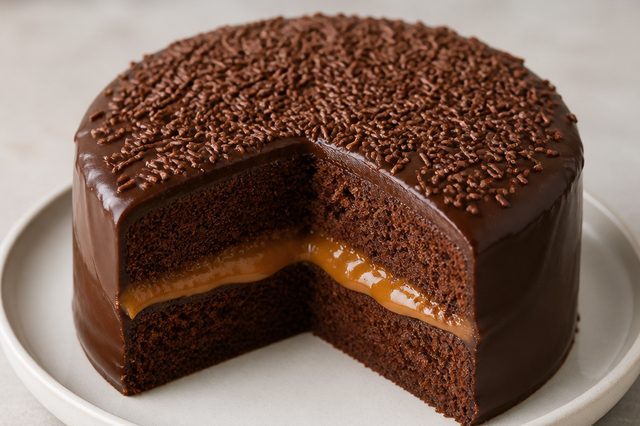 Bolo pão de mel em camadas com doce de leite e ganache