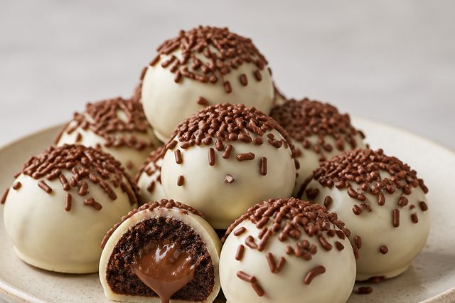 Bombom de bolo de chocolate com creme de avelã