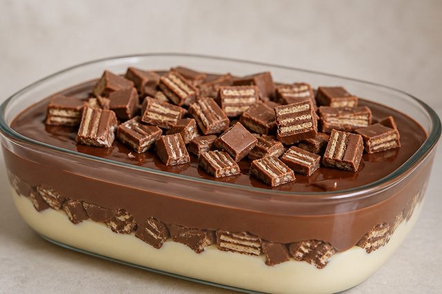 Bombom de KitKat na travessa com dois cremes e casquinha