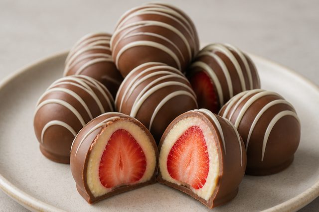 Bombom de morango com brigadeiro de leite em pó
