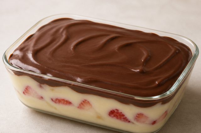 Bombom de morango na travessa com brigadeiro e casquinha amarga