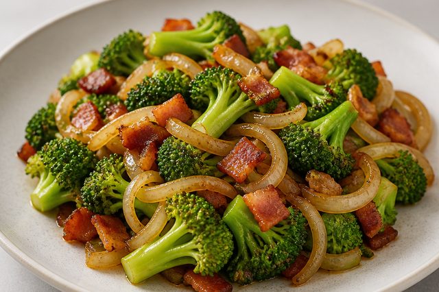 Brócolis acebolado com bacon