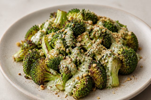 Brócolis assado com molho de iogurte e dukkah