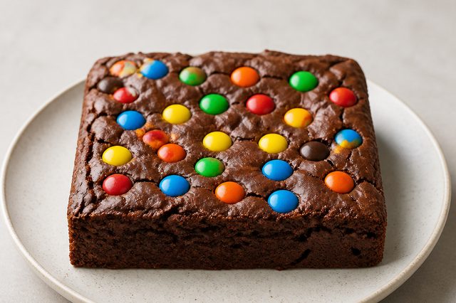 Brownie com creme de avelã e confeitos de chocolate