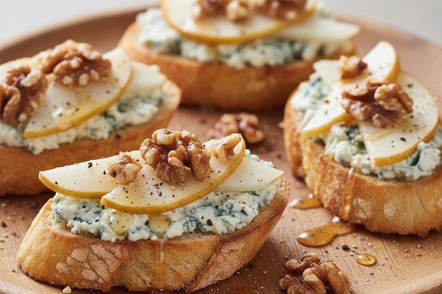 Bruschetta de pera com queijo azul e nozes