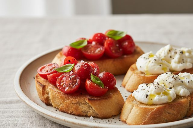 Bruschettas de tomate e stracciatella