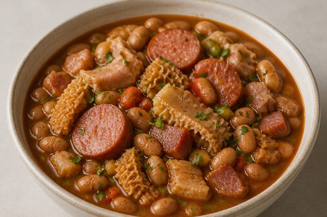 Bucho com feijão e calabresa na pressão