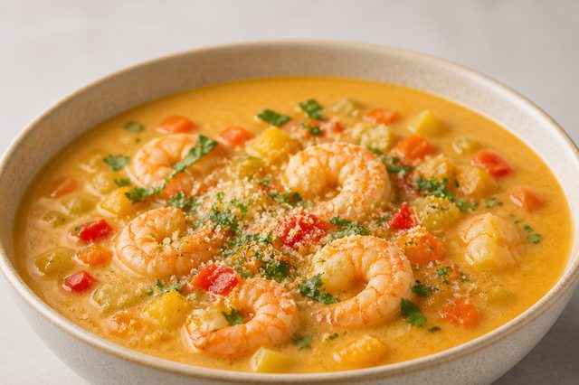 Caldo cremoso de camarão com leite de coco