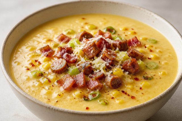 Caldo cremoso de milho com bacon, calabresa e alho-poró