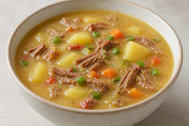 Caldo de costela desfiada com batata e legumes