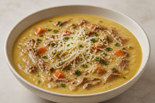 Caldo de mandioca com carne desfiada e parmesão