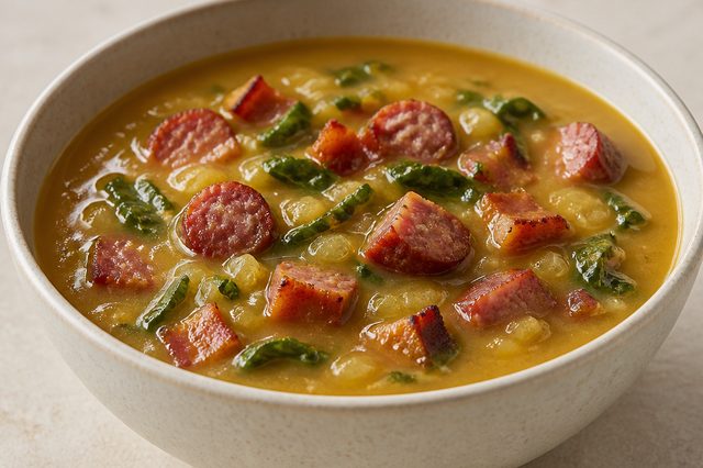 Caldo de mandioquinha com calabresa, bacon e couve
