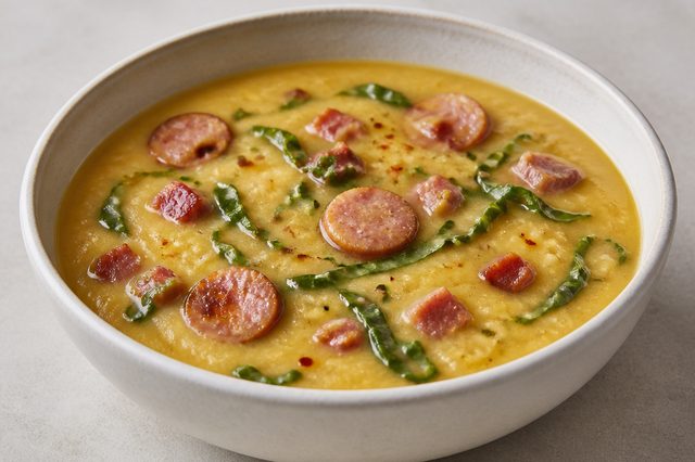 Caldo de polenta com calabresa e couve