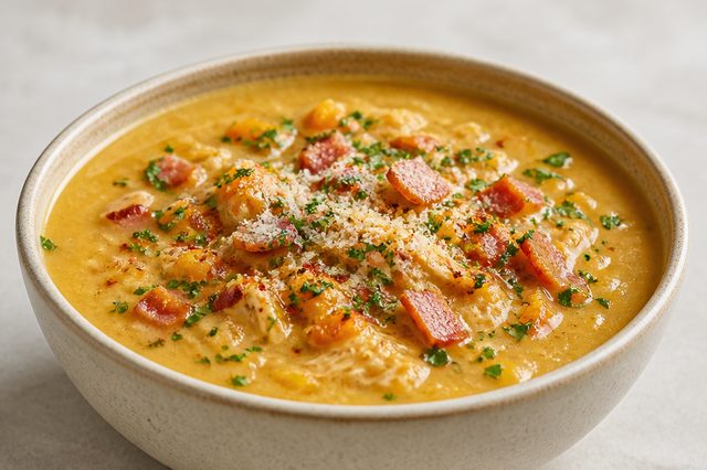 Caldo de quenga com mandioca, mandioquinha e bacon