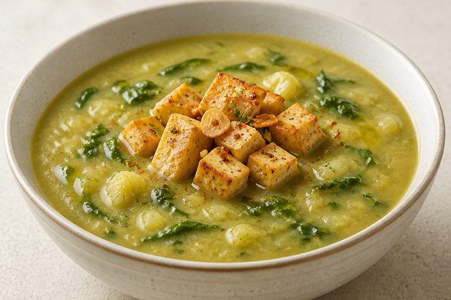 Caldo verde vegano de sete vegetais com tofu