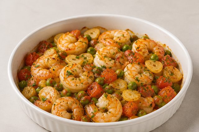Camarão ao forno com ervilhas, tomate e alho