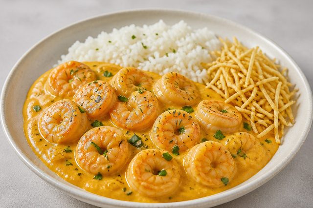 Camarão cremoso com molho de abóbora assada e requeijão
