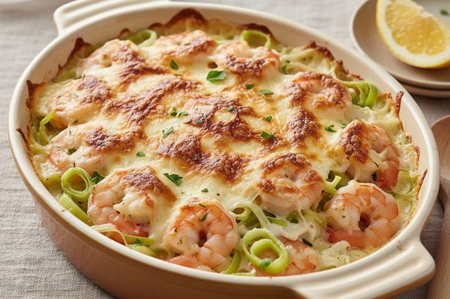 Camarão gratinado com alho-poró e queijo cremoso