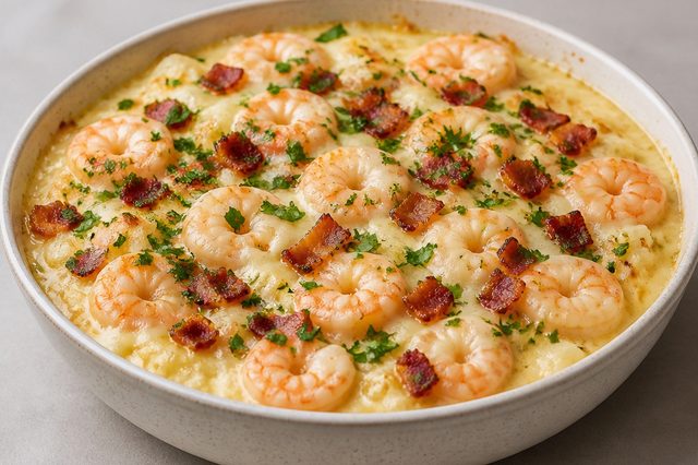 Camarão gratinado com creme de batata e bacon