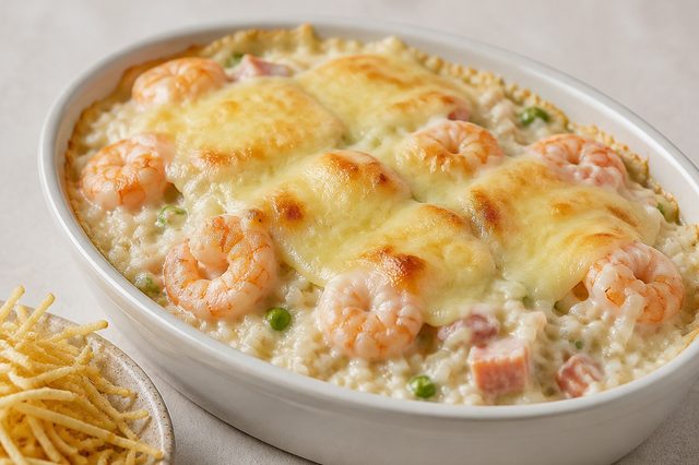 Camarão internacional gratinado com arroz