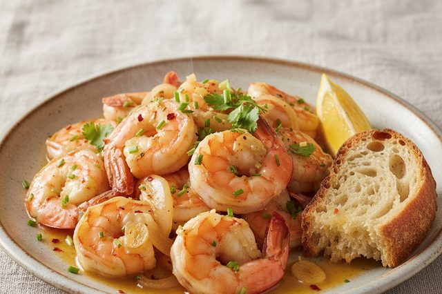 Camarão scampi com cebola e vinho branco