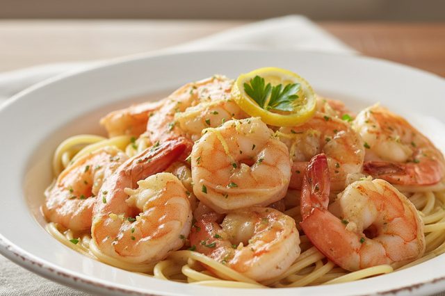 Camarão scampi com vinho branco