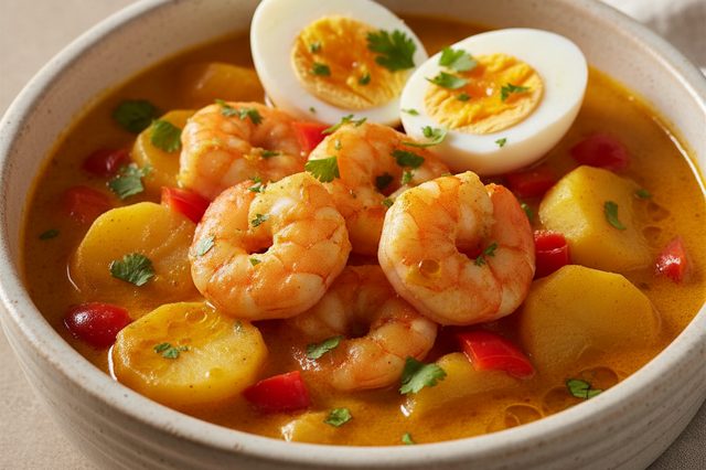 Camaroada com batata e ovo cozido