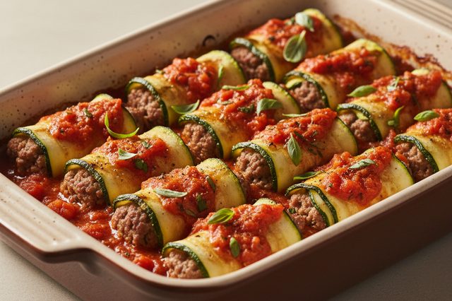 Canelone de abobrinha com carne e tomate
