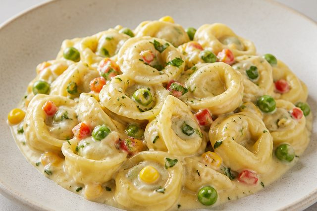 Capeletti cremoso com ervilha e milho