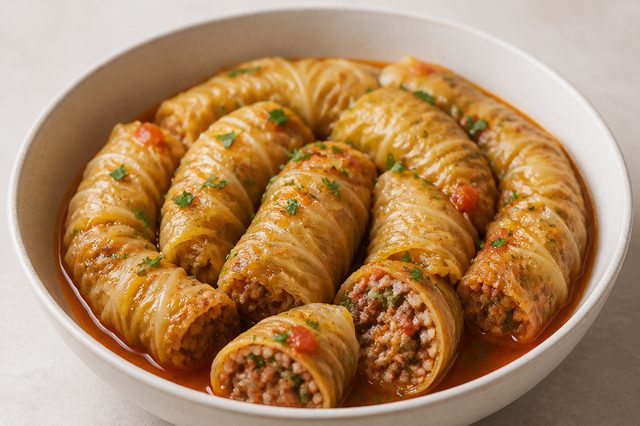 Caracol de repolho recheado com carne e arroz