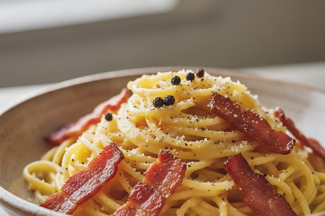 Carbonara de gemas com bacon e parmesão