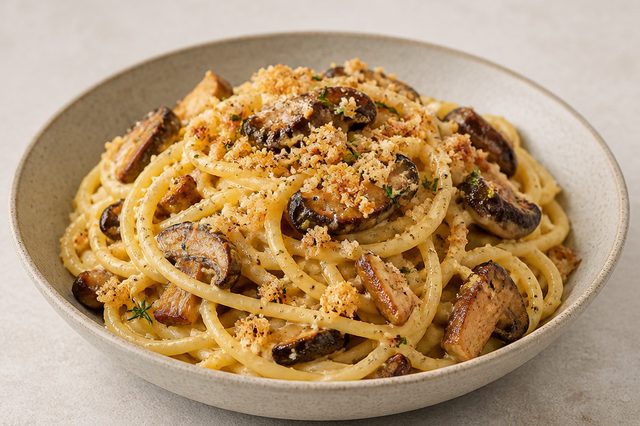 Carbonara vegana de castanha e shiitake