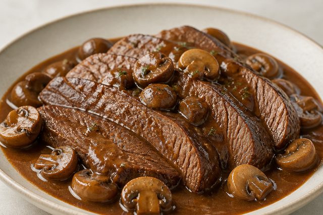 Carne de panela ao molho madeira com champignon