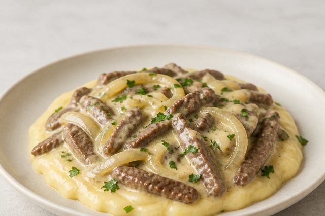 Carne em tiras com creme de batata e muçarela