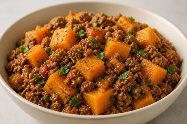 Carne moída com abóbora em cubos